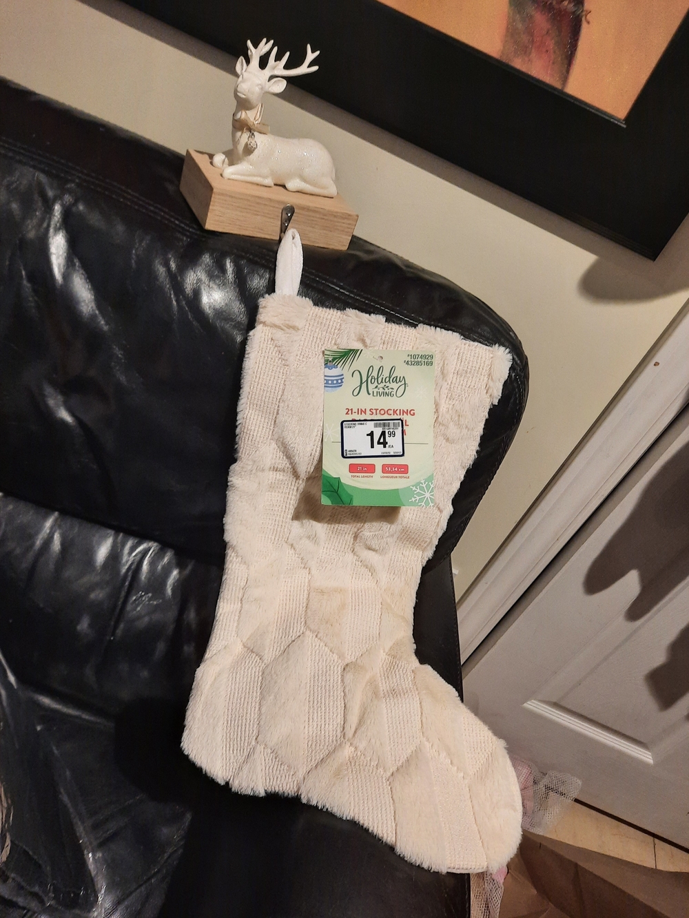 NWT Faux Fur Cream 21" Christmas Stocking & White Cream Reindeer Mantle Holder